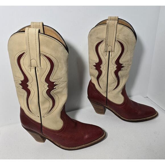 Vintage FRYE Tan Red Leather Bench Crafted Cowgirl Western Ladies Boots Sz 6B - Picture 7 of 16